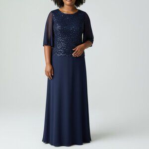 Onyx Nite Blue Asymmetrical Flutter Sleeve Gown NWT Size 14 Formal Evening